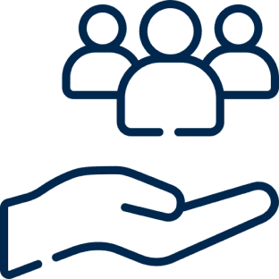 Hand supporting three people icon.