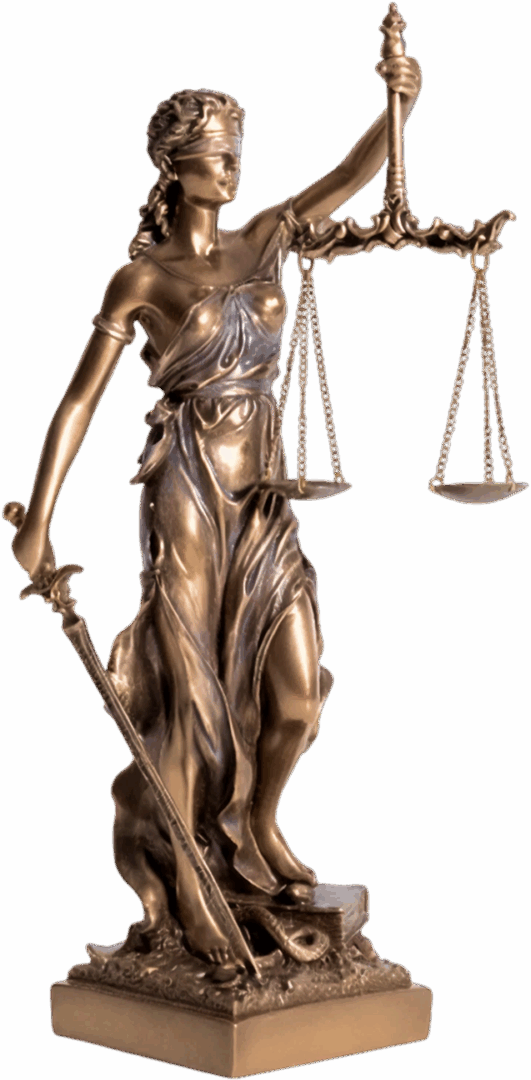 Bronze statue of Lady Justice with scales.