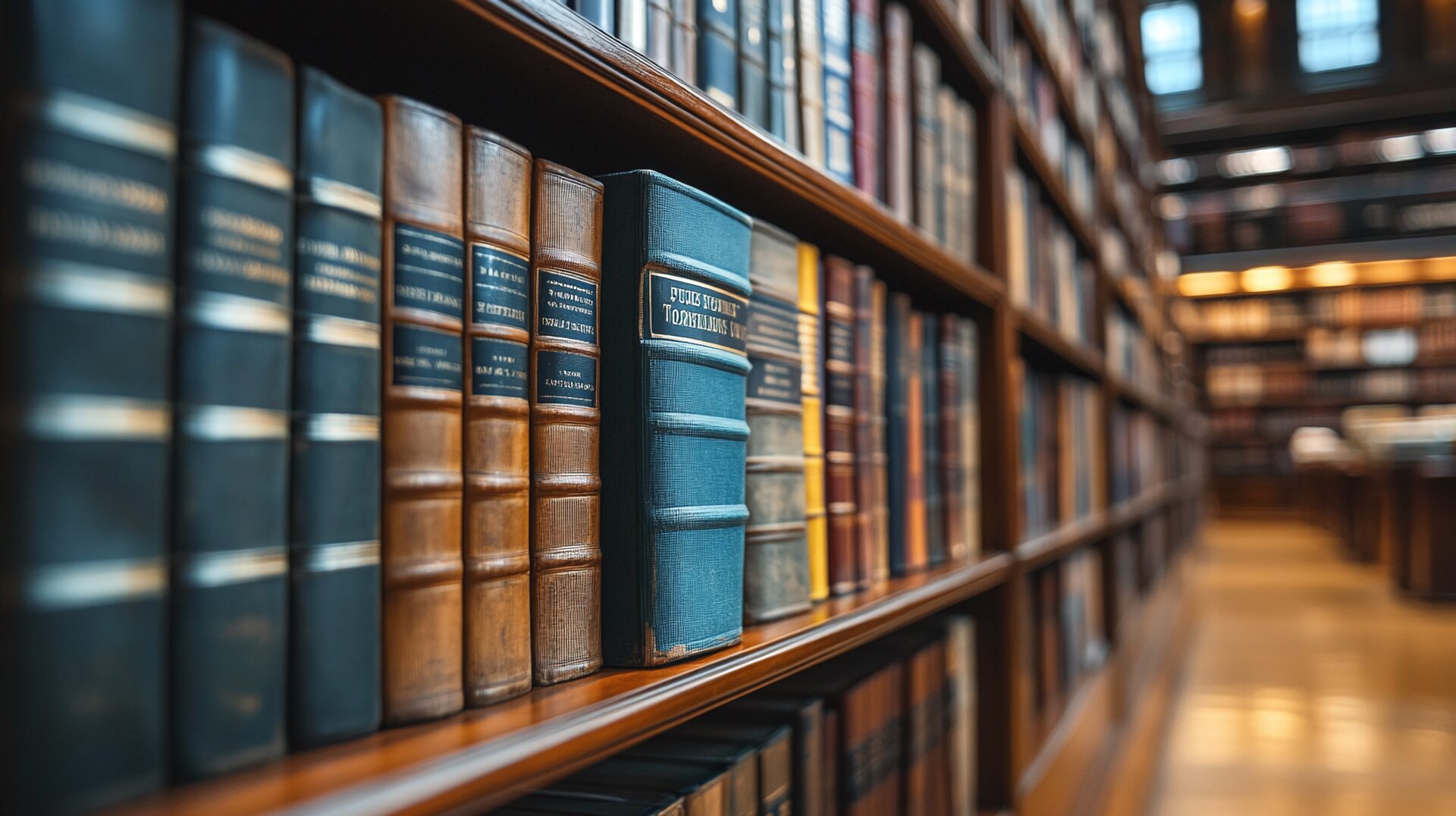 law office library with rows of legal books and references arranged on bookshelves, providing essential resources for legal professionals